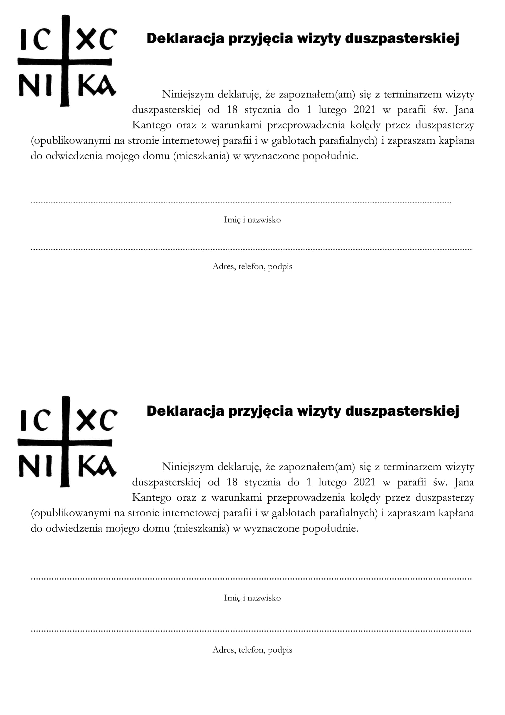 Deklaracja przyjęcia wizyty duszpasterskiej 1